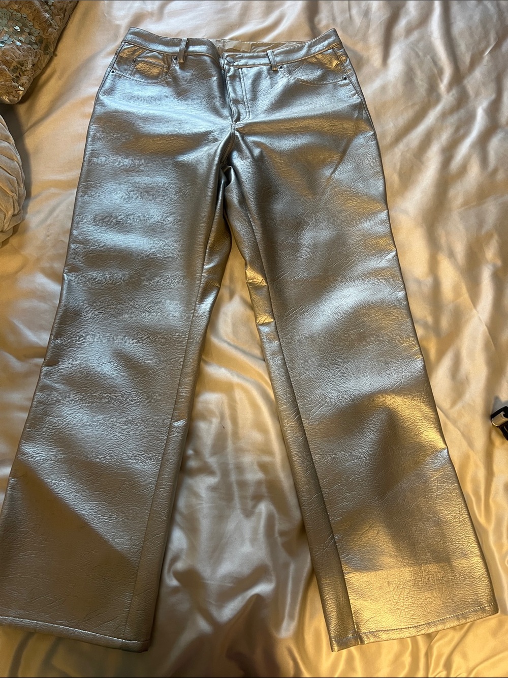 H&M Silver Metallic Straight Leg Pants High Waisted Chic